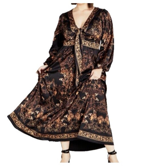 City Chic Ivanna Maxi Dress Black Gold‎ Scarf Print Plus 22 XL Boho Romantic NWT - Picture 1 of 16